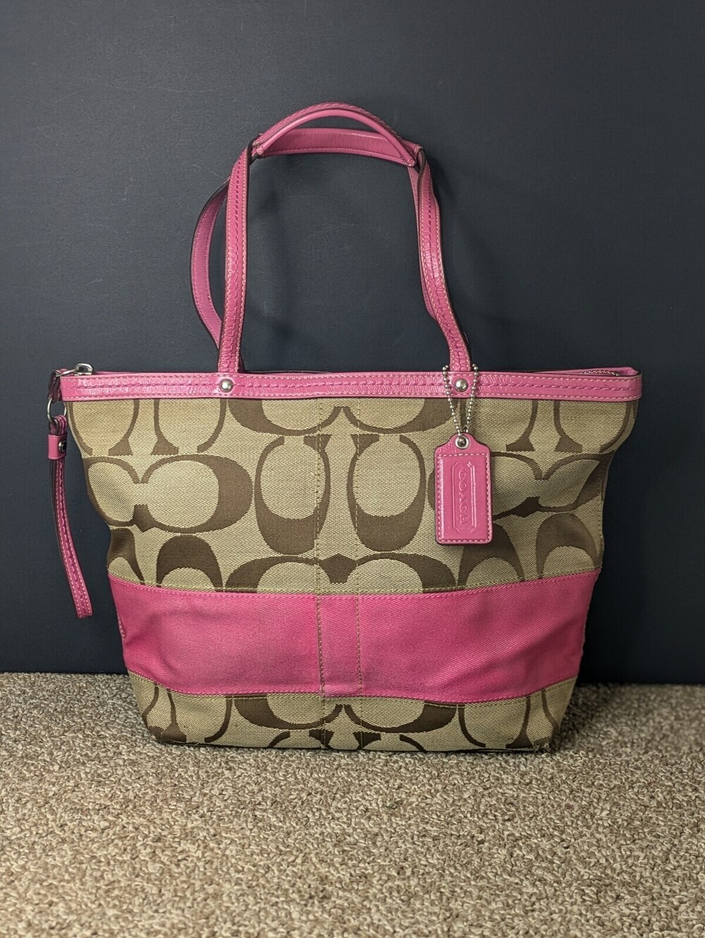 Coach Signature Stripe Y2K Tote Bag Pink Leather Trim Khaki Canvas Handbag